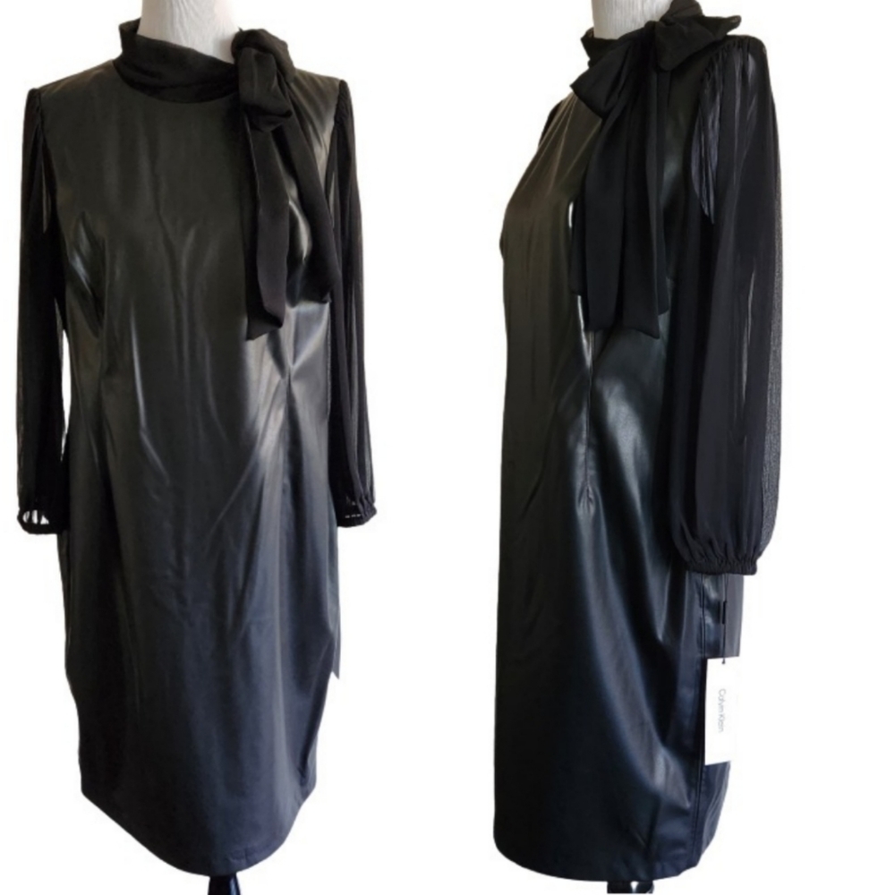 🆕️⬇️Calvin Klein Black Faux Leather Chiffon Sleeve Tie Neck Sheath Dress